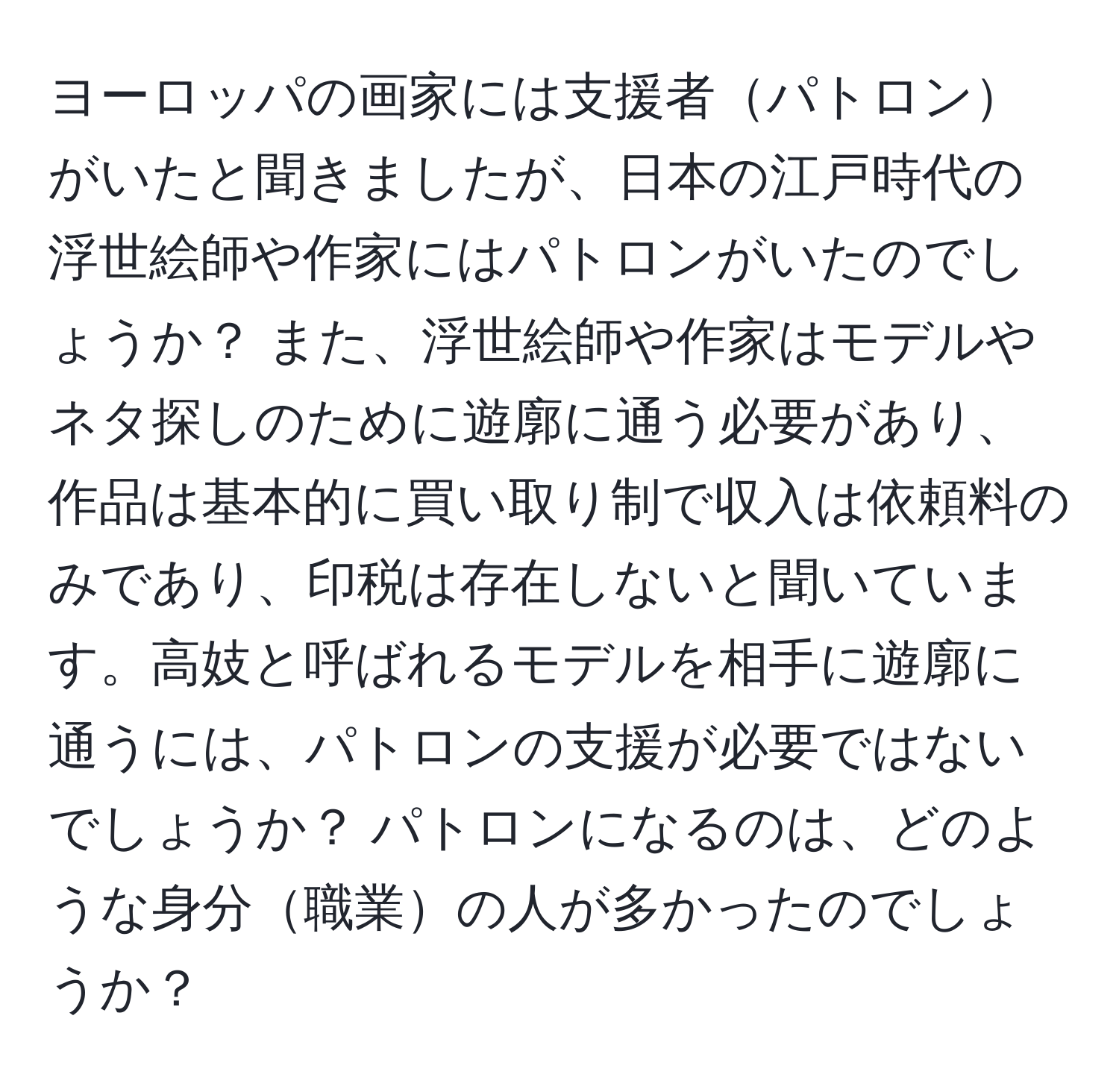 ヨーロッパの画家には支援者パトロンがいたと聞きましたが、日本の江戸時代の浮世絵師や作家にはパトロンがいたのでしょうか？ また、浮世絵師や作家はモデルやネタ探しのために遊廓に通う必要があり、作品は基本的に買い取り制で収入は依頼料のみであり、印税は存在しないと聞いています。高妓と呼ばれるモデルを相手に遊廓に通うには、パトロンの支援が必要ではないでしょうか？ パトロンになるのは、どのような身分職業の人が多かったのでしょうか？