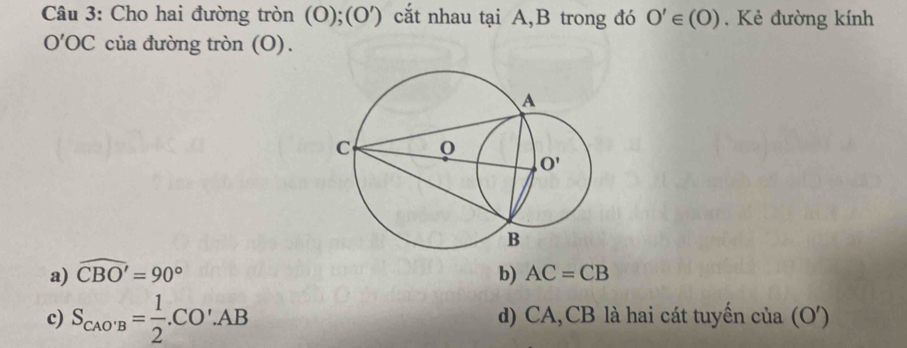 Cho hai đường tròn (O);(O') cắt nhau tại A,B trong đó O'∈ (O). Kẻ đường kính
O'OC của đường tròn (O).
a) widehat CBO'=90° b) AC=CB
c) S_CAO'B= 1/2 .CO'.AB d) CA,CB là hai cát tuyến của (O')