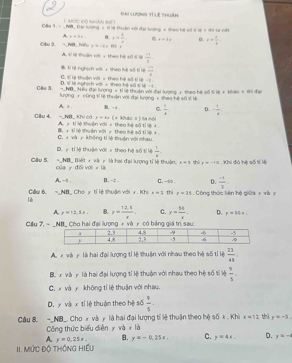 Đại lượng Tỉ Lệ thuân
I. MỨC Độ nhăn BIệt
Câu 1. ~ _NB_ Đại lượng y tỉ lệ thuận với đại lượng x theo hệ số tỉ lệ 3 thì ta viết
A. y=3x. B. y= 3/x . C. x=3y, D. y= x/3 .
Câu 2. ¬_NB_ Nếu y=-2x thì y
A. tỉ lệ thuận với x theo hệ số tỉ lệ  (-1)/2 .
B. tí lệ nghịch với x theo hệ số tỉ lệ  (-1)/2 .
C. tỉ lệ thuận với x theo hệ số tỉ lệ -2 .
D. tỉ lệ nghịch với x theo hệ số tí lệ −2 .
Câu 3. ¬_NB_ Nếu đại lượng x tỉ lệ thuận với đại lượng y theo hệ số tỉ lệ x khác 0 thì đại
lượng y cũng tỉ lệ thuận với đại lượng x theo hệ số tỉ lệ
A. k . B. -k . C.  1/k .
D. - 1/k .
Câu 4. ¬_NB_ Khi có y=kx ( k khác 0 ) ta nói
A. y tỉ lệ thuận với x theo hệ số tỉ lệ k .
B. x tỉ lệ thuận với y theo hệ số tỉ lệ k .
C. x và y không tỉ lệ thuận với nhau.
D.y tỉ lệ thuận với x theo hệ số tỉ lệ  1/k .
Câu 5. _ NB Biết x và y là hai đại lượng tỉ lệ thuận; x=5 thì y=-10. Khi đó hệ số tí lệ
của y đối với x là
A. -5 . B. -2 . C. -50 . D.  (-1)/2 .
Câu 6. ¬_NB_ Cho y tỉ lệ thuận với x . Khi x=2 thì y=25. Công thức liên hệ giữa x và y
là
A. y=12,5x. B. y= (12,5)/x . C. y= 50/x . D. y=50x.
Câu 7. ¬ _NB_ Cho hai đại lượng x và y có bảng giá trị sau:
A. x và y là hai đại lượng tỉ lệ thuận với nhau theo hệ số tỉ lệ  23/48 .
B. x và y là hai đại lượng tỉ lệ thuận với nhau theo hệ số tỉ lệ  9/5 .
C. x và y không tỉ lệ thuận với nhau.
D. y và x tỉ lệ thuận theo hệ số  9/5 .
Câu 8. ¬_NB_. Cho x và y là hai đại lượng tỉ lệ thuận theo hệ số k . Khi x=12 thì y=-3.
Công thức biểu diễn y Vdot a* ldot a
A. y=0,25x.
C.
B. y=-0,25x. y=4x. D. y=-4
II. MỨC Độ THÔNG HIẾU