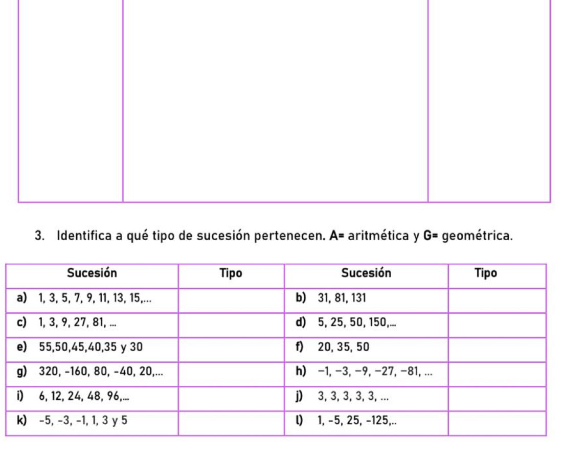 Identifica a qué tipo de sucesión pertenecen. A= aritmética y G= geométrica.