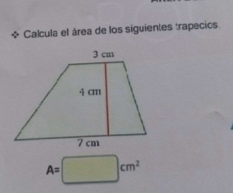 Calcula el área de los siguientes trapecios.
A=□ cm^2