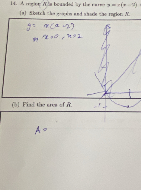 A region R is bounded by the curve y=x(x-2)
(a) Sketch the graphs and shade the region R. 
(b) Find the area of R.