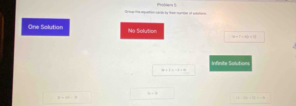 Problem 5
Group the equation cards by their number of solutions
One Solution No Solution
4t+7=4(t+2)
Infinite Solutions
6t+2=-3+6t
5t=3t
2t=10-2t
15-3(t+5)=-3t