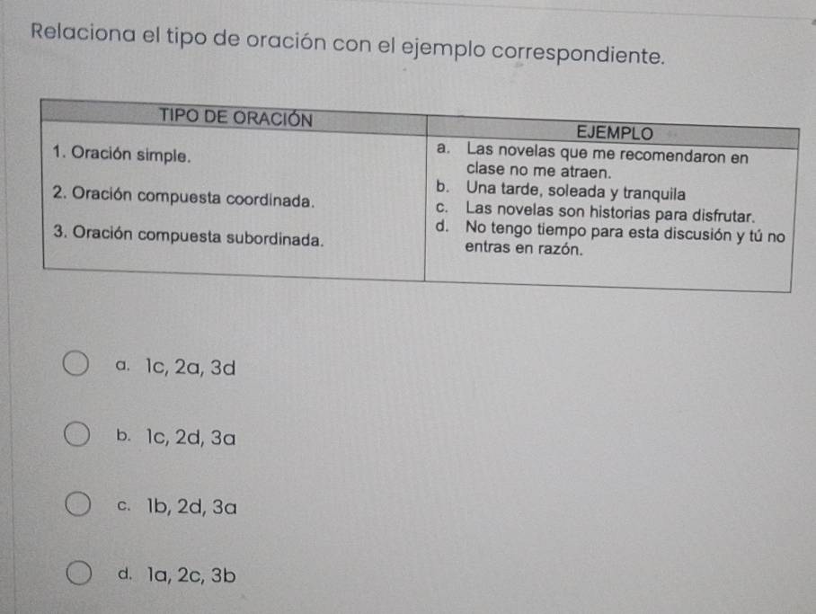 Relaciona el tipo de oración con el ejemplo correspondiente.
a. 1c, 2a, 3d
b. 1c, 2d, 3a
c. 1b, 2d, 3a
d. 1a, 2c, 3b