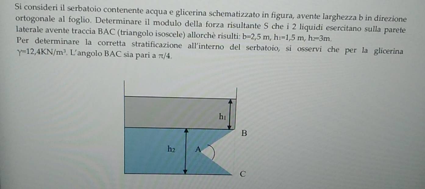 Si consideri il serbatoio contenente acqua e glicerina schematizzato in figura, avente larghezza b in direzione 
ortogonale al foglio. Determinare il modulo della forza risultante S che i 2 liquidi esercitano sulla parete 
laterale avente traccia BAC (triangolo isoscele) allorchè risulti: b=2,5m, h_1=1,5m, h_2=3m. 
Per determinare la corretta stratificazione all'interno del serbatoio, si osservi che per la glicerina
Y=12, 4KN/m^3 L’angolo BAC sia pari a π/4.