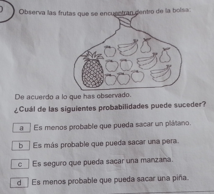 Observa las frutas que se encuentran dentro de la bolsa:
De acuerdo a lo que has observado.
¿Cuál de las siguientes probabilidades puede suceder?
a Es menos probable que pueda sacar un plátano.
bì Es más probable que pueda sacar una pera.
c_Es seguro que pueda sacar una manzana.
d Es menos probable que pueda sacar una piña.