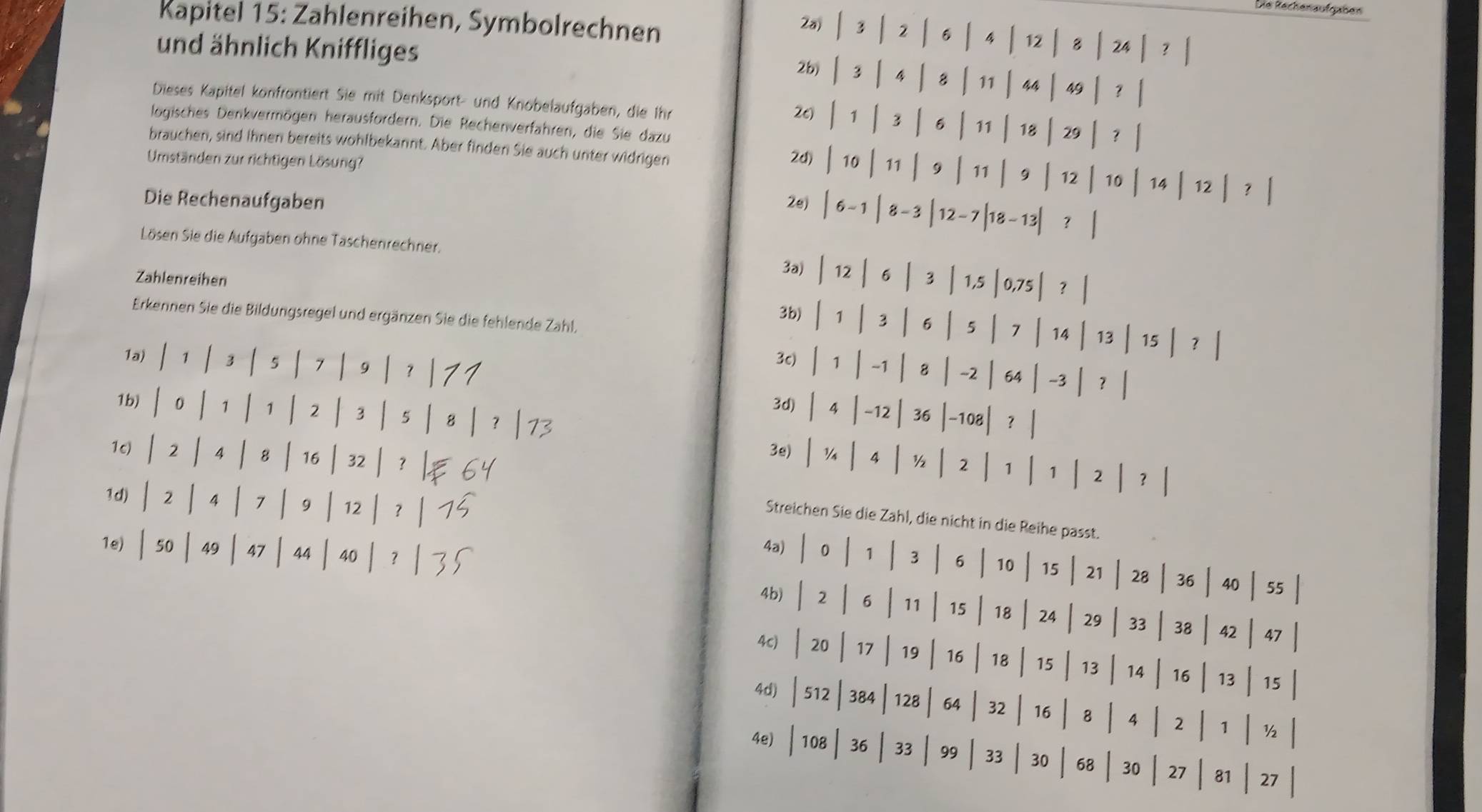 Die Rechenaufgaßen
Kapitel 15: Zahlenreihen, Symbolrechnen
2a) │ 3│2 | 6 | 4 | 12 | 8 | 24 | ? |
und ähnlich Kniffliges
2b) │ 3 │ 4 | 8 │11│44| 49 | ? |
Dieses Kapitel konfrontiert Sie mit Denksport- und Knobelaufgaben, die Ihr
2c) 1 | 1 │ 3 | 6 | 11│ 18 | 29 | ? |
logisches Denkvermögen herausfördern. Die Rechenverfahren, die Sie dazu
brauchen, sind ihnen bereits wohlbekannt. Aber finden Sie auch unter widrigen
Umständen zur richtigen Lösung?
2() | 10 | 11 | 9| 11 | 9 | 12|10 | 14 ┃ 12| ?┃
Die Rechenaufgaben
2e) | 6-1 | 8-3 |12-7|18-13| ? |
Lösen Sie die Aufgaben ohne Taschenrechner.
Zahlenreihen
3a) | 12 | 6 | 3 | 1,5 │ 0,75│ ？ |
Erkennen Sie die Bildungsregel und ergänzen Sie die fehlende Zahl,
3b) | 1 | 3 | 6 | 5 │ 7 | 14 │ 13 │15 │ ? ┃
3c) │1 │ -1 │ 8 │ -2│ 64 │ -3 │ ？ |
1a) |1 |3 | 5 |7 |9 |? |7 7 3d) | 4 |-12 | 36 |-108| ？ |
1b) 1 — 0— 1| 1| 2| 3| 5| 8 — ?|73 3e) │½ │ 4 │½ │ 2 | 1 | 1 | 2
10) |2 | 4 | 8 | 16 | 32| ? |= 6Y
| ?
1()| 2|4|7|9|12|?| 75
Streichen Sie die Zahl, die nicht in die Reihe passt.
4a) | 0 | 1 | 3 | 6 |10 | 15| 21 | 28 | 36 | 40 | 55|
1e) │ 50| 49| 47| 44|40| ? | ∫ 4b) | 2 | 6 | 11 │ 15 | 18 | 24 ·| 29 │ 33 │ 38│ 42 | 47 |
4c) | 20 | 17 |19 | 16 | 18 |15 ┃ 13 │ 14 | 16 │ 13 15 |
4d) |512│ 384│ 128 | 64 | 32 16 ₹8 │ 4 ┃ 2 | 1   ½
4e) │ 108 │ 36│ 33  | 99   33 30 | 68 30 │ 27┃ 81 │ 27