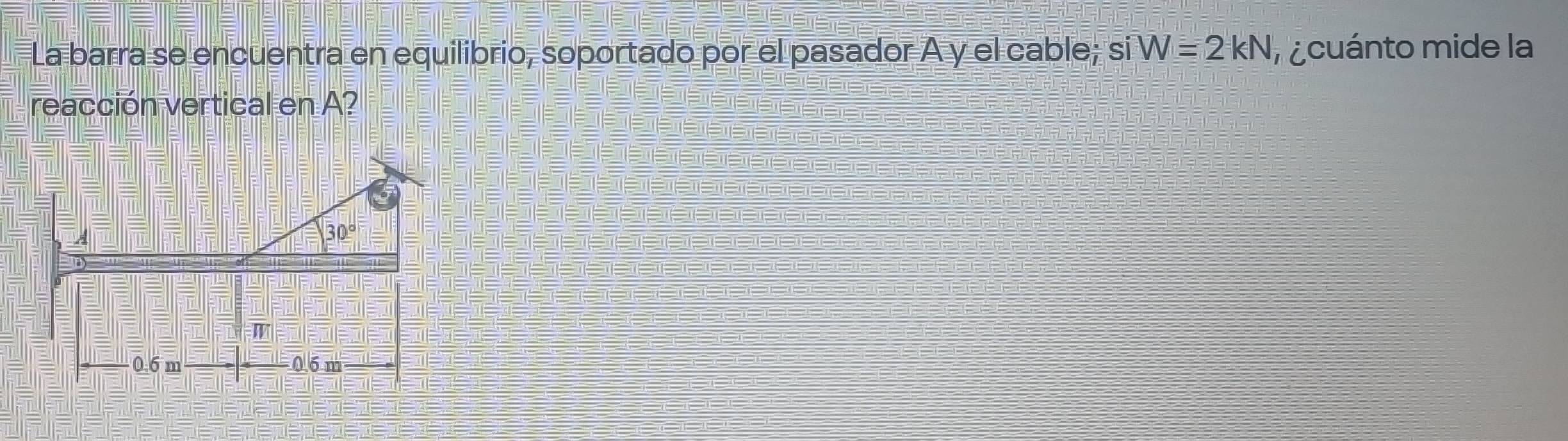 La barra se encuentra en equilibrio, soportado por el pasador A y el cable; siW=2kN n  cuánto mide la
reacción vertical en A?