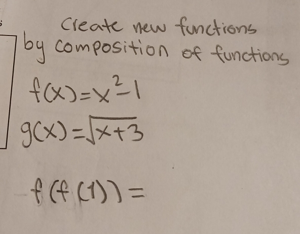 create new functions 
by composition of functions
f(x)=x^2-1
g(x)=sqrt(x+3)
f(f(1))=