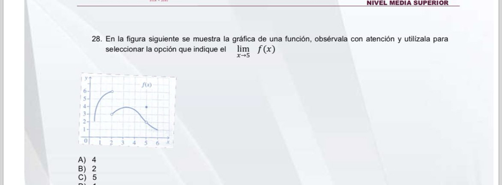 NIVEL MEDIA SUPERIOR
28. En la figura siguiente se muestra la gráfica de una función, obsérvala con atención y utilízala para
seleccionar la opción que indique el limlimits _xto 5f(x)
A) 4
B) 2
C) 5