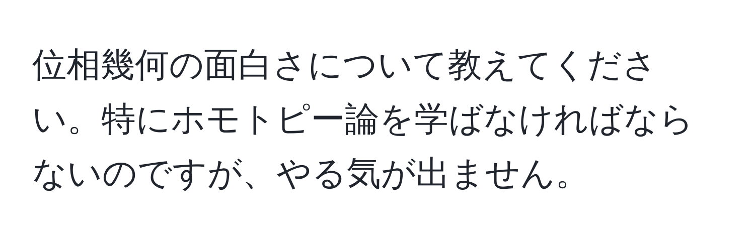 位相幾何の面白さについて教えてください。特にホモトピー論を学ばなければならないのですが、やる気が出ません。