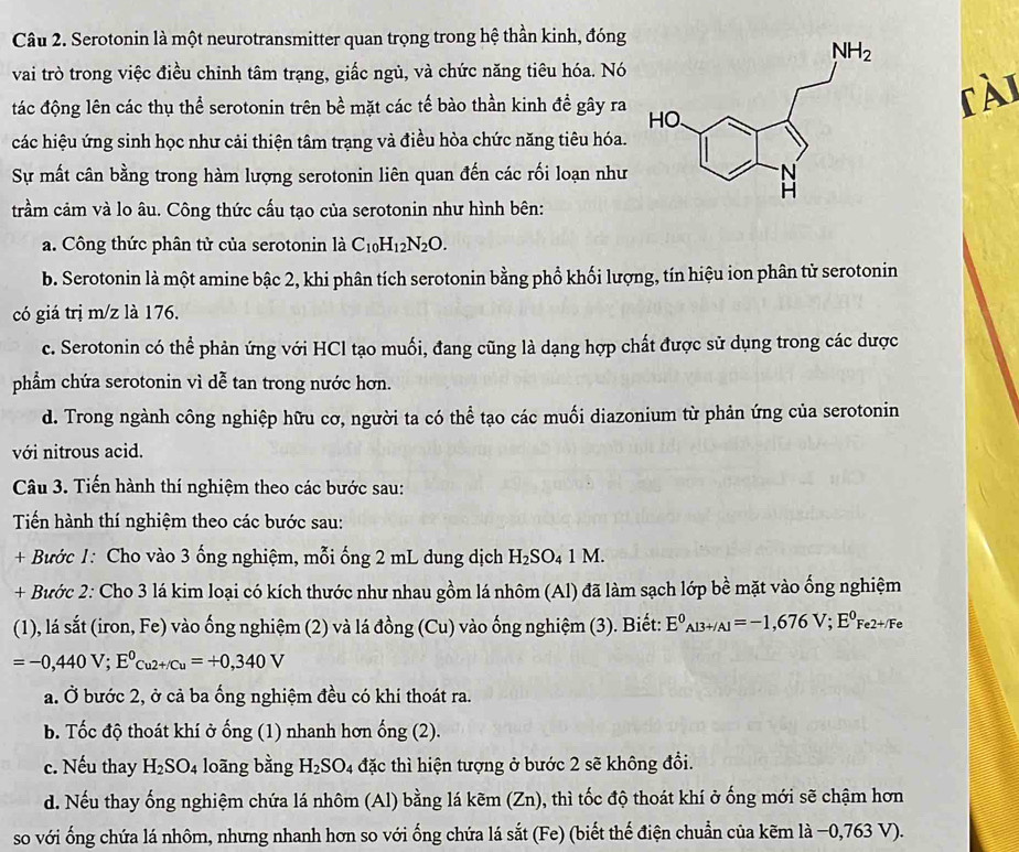 Serotonin là một neurotransmitter quan trọng trong hệ thần kinh, đóng
vai trò trong việc điều chỉnh tâm trạng, giấc ngủ, và chức năng tiêu hóa. Nó
tác động lên các thụ thể serotonin trên bề mặt các tế bào thần kinh đề gây ra
fài
các hiệu ứng sinh học như cải thiện tâm trạng và điều hòa chức năng tiêu hóa.
Sự mất cân bằng trong hàm lượng serotonin liên quan đến các rối loạn như
trầm cảm và lo âu. Công thức cấu tạo của serotonin như hình bên:
a. Công thức phân tử của serotonin là C_10H_12N_2O.
b. Serotonin là một amine bậc 2, khi phân tích serotonin bằng phổ khối lượng, tín hiệu ion phân tử serotonin
có giá trị m/z là 176,
c. Serotonin có thể phản ứng với HCl tạo muối, đang cũng là dạng hợp chất được sử dụng trong các dược
phẩm chứa serotonin vì dễ tan trong nước hơn.
d. Trong ngành công nghiệp hữu cơ, người ta có thể tạo các muối diazonium từ phản ứng của serotonin
với nitrous acid.
Câu 3. Tiến hành thí nghiệm theo các bước sau:
Tiến hành thí nghiệm theo các bước sau:
+ Bước 1: Cho vào 3 ống nghiệm, mỗi ống 2 mL dung dịch H_2SO_4 1 M.
+ Bước 2: Cho 3 lá kim loại có kích thước như nhau gồm lá nhôm (Al) đã làm sạch lớp bề mặt vào ống nghiệm
(1), lá sắt (iron, Fe) vào ống nghiệm (2) và lá đồng (Cu) vào ống nghiệm (3). Biết: E^0_Al3+/Al=-1,676V;E^0_Fe2+/Fe
=-0,440V;E^0_Cu2+/Cu=+0,340V
a. Ở bước 2, ở cả ba ống nghiệm đều có khí thoát ra.
b. Tốc độ thoát khí ở ống (1) nhanh hơn ống (2 2)
c. Nếu thay H_2SO_4 loāng bằng H_2SO_4 đặc thì hiện tượng ở bước 2 sẽ không đổi.
d. Nếu thay ống nghiệm chứa lá nhôm (Al) bằng lá kẽm (Zn), thì tốc độ thoát khí ở ống mới sẽ chậm hơn
so với ống chứa lá nhôm, nhưng nhanh hơn so với ống chứa lá sắt (Fe) (biết thế điện chuẩn của kẽm là −0,763 V).