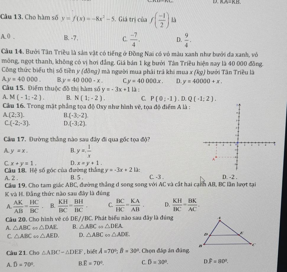 KA=KB.
Câu 13. Cho hàm số y=f(x)=-8x^2-5. Giá trị của f( (-1)/2 ) là
A. 0 . B. -7. C.  (-7)/4 .  9/4 .
D.
Câu 14. Bưởi Tân Triều là sản vật có tiếng ở Đồng Nai có vỏ màu xanh như bưởi da xanh, vỏ
mỏng, ngọt thanh, không có vị hơi đắng. Giá bán 1 kg bưởi Tân Triều hiện nay là 40 000 đồng.
Công thức biểu thị số tiền y (đồng) mà người mua phải trả khi mua x (kg) bưởi Tân Triều là
A y=40000. B y=40000-x. C y=40000.x. D. y=40000+x.
Câu 15. Điểm thuộc đồ thị hàm số y=-3x+1 là :
A. M(-1;-2). B. N(1;-2). C. P(0;-1).D.Q(-1;2).
Câu 16. Trong mặt phẳng tọa độ Oxy như hình vẽ, tọa độ điểm A là :
A (2;3).
B. (-3;-2).
C. (-2;-3). D (-3;2).
Câu 17. Đường thẳng nào sau đây đi qua gốc tọa độ?
A. y=x. B. y= 1/x 
C. x+y=1. D. x=y+1.
Câu 18. Hệ số góc của đường thắng y=-3x+2 là:
A. 2 . B. 5 . C. -3 . D. -2 .
Câu 19. Cho tam giác ABC, đường thẳng d song song với AC và cắt hai cạnh AB, BC lần lượt tại
K và H. Đẳng thức nào sau đây là đúng
A.  AK/AB = HC/BC . B.  KH/BC = BH/BC . C.  BC/HC = KA/AB . D.  KH/BC = BK/AC .
Câu 20. Cho hình vẽ có DEparallel BC *. Phát biểu nào sau đây là đúng
A. △ ABC △ DAE. B. △ ABC ∽ △ DEA.
C. △ ABC ∽ △ AED. D. △ ABC △ ADE.
Câu 21. Cho △ ABCsim △ DEF , biết hat A=70^0;hat B=30^0. Chọn đáp án đúng.
A. widehat D=70°. B. widehat E=70°. C. widehat D=30^0. D widehat F=80^0.