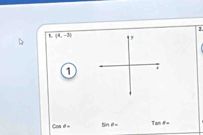 (4,-3)
1
Cosθ = Sinθ = Tanθ =