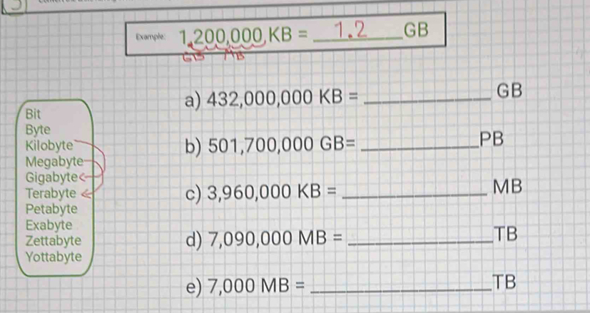 Example: 1,200,000, KB= _ 1 9 GB
B 
GB 
Bit 
a) 432,000,000KB= _ 
Byte 
b) 
Kilobyte 501,700,000GB= _ 
PB 
Megabyte 
Gigabyte< 
Terabyte c)  3,960,000KB= _ 
MB 
Petabyte 
Exabyte 
Zettabyte d) 7,090,000MB= _ 
TB 
Yottabyte 
e) 7,000MB= _ 
TB