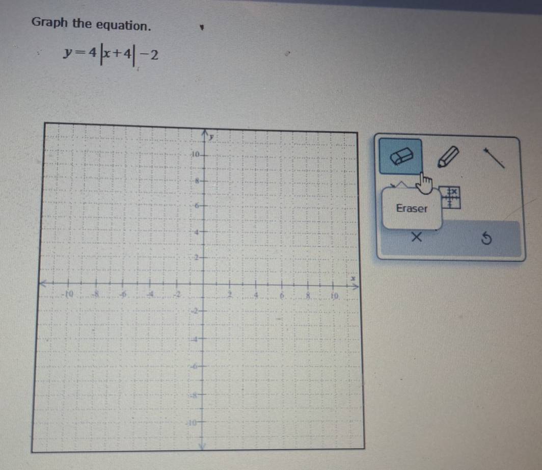 Graph the equation.
y=4|x+4|-2
Eraser 
×