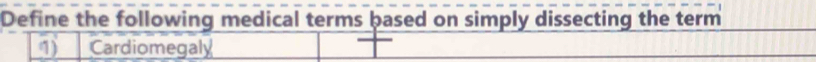 Define the following medical terms based on simply dissecting the term 
1) Cardiomegaly