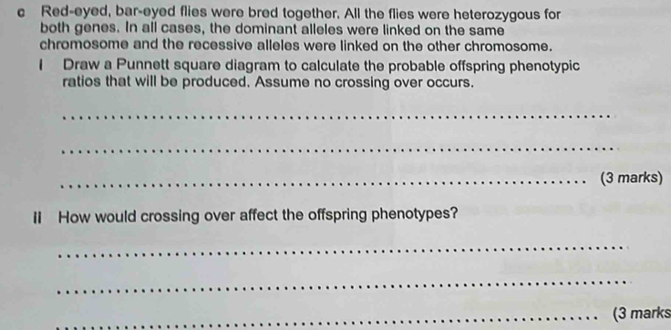 Red-eyed, bar-eyed flies were bred together. All the flies were heterozygous for 
both genes. In all cases, the dominant alleles were linked on the same 
chromosome and the recessive alleles were linked on the other chromosome. 
I Draw a Punnett square diagram to calculate the probable offspring phenotypic 
ratios that will be produced. Assume no crossing over occurs. 
_ 
_ 
_. (3 marks) 
II How would crossing over affect the offspring phenotypes? 
_ 
_ 
_(3 marks