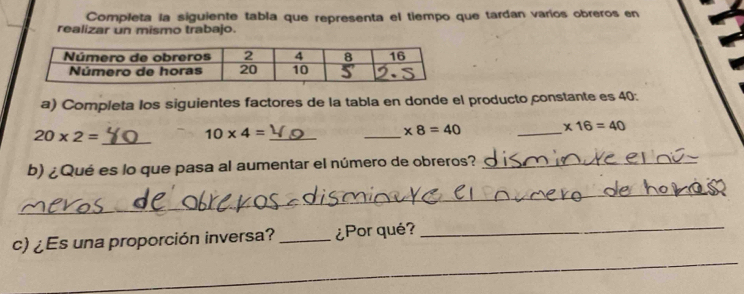 Completa la siguiente tabla que representa el tiempo que tardan varios obreros en 
realizar un mismo trabajo. 
a) Completa los siguientes factores de la tabla en donde el producto constante es 40 :
20* 2=
_
10* 4= _ 
_
* 8=40 _ * 16=40
b) ¿Qué es lo que pasa al aumentar el número de obreros?_ 
_ 
c) ¿Es una proporción inversa? _¿Por qué? 
_ 
_ 
_