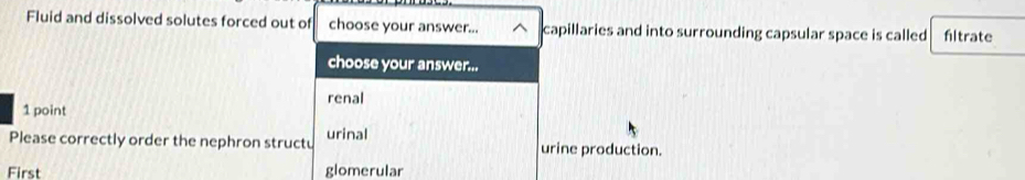 Fluid and dissolved solutes forced out of choose your answer... capillaries and into surrounding capsular space is called filtrate 
choose your answer... 
renal 
1 point 
Please correctly order the nephron structu urinal urine production. 
First glomerular