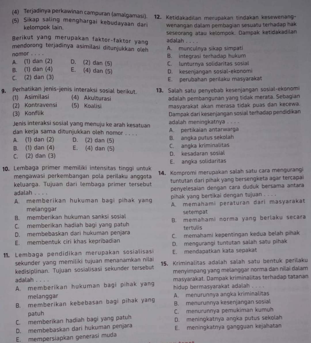 (4) Terjadinya perkawinan campuran (amalgamasi). 12. Ketidakadilan merupakan tindakan kesewenang-
(5) Sikap saling menghargai kebudayaan dari wenangan dalam pembagian sesuatu terhadap hak
kelompok lain.
seseorang atau kelompok. Dampak ketidakadilan
Berikut yang merupakan faktor-faktor yang adalah . . . .
mendorong terjadinya asimilasi ditunjukkan oleh A. munculnya sikap simpati
nomor . . . .
B. integrasi terhadap hukum
A. (1) dan (2) D. (2) dan (5) C. lunturnya solidaritas sosial
B. (1) dan (4) E. (4) dan (5)
D. kesenjangan sosial-ekonomi
C. (2) dan (3)
E. perubahan perilaku masyarakat
9. Perhatikan jenis-jenis interaksi sosial berikut. 13. Salah satu penyebab kesenjangan sosial-ekonomi
(1) Asimilasi (4) Akulturasi adalah pembangunan yang tidak merata. Sebagian
(2) Kontravensi (5) Koalisi masyarakat akan merasa tidak puas dan kecewa.
(3) Konflik
Dampak dari kesenjangan sosial terhadap pendidikan
Jenis interaksi sosial yang menuju ke arah kesatuan adalah meningkatnya . . . .
dan kerja sama ditunjukkan oleh nomor . . . . A. pertikaian antarwarga
A. (1) dan (2) D. (2) dan (5) B. angka putus sekolah
B. (1) dan (4) E. (4) dan (5) C. angka kriminalitas
C. (2) dan (3) D. kesadaran sosial
E. angka solidaritas
10. Lembaga primer memiliki intensitas tinggi untuk
mengawasi perkembangan pola perilaku anggota 14. Kompromi merupakan salah satu cara mengurangi
keluarga. Tujuan dari lembaga primer tersebut tuntutan dari pihak yang bersengketa agar tercapai
adalah . . . . penyelesaian dengan cara duduk bersama antara
A. memberikan hukuman bagi pihak yang pihak yang bertikai dengan tujuan . . . .
melanggar A. memahami peraturan dari masyarakat
setempat
B. memberikan hukuman sanksi sosial
C. memberikan hadiah bagi yang patuh B. memahami norma yang berlaku secara
D. membebaskan dari hukuman penjara tertulis
C. memahami kepentingan kedua belah pihak
E. membentuk ciri khas kepribadian
D. mengurangi tuntutan salah satu pihak
11. Lembaga pendidikan merupakan sosialisasi E. mendapatkan kata sepakat
sekunder yang memiliki tujuan menanamkan nilai
15. Kriminalitas adalah salah satu bentuk perilaku
kedisiplinan. Tujuan sosialisasi sekunder tersebut
menyimpang yang melanggar norma dan nilai dalam
adalah . . . .
masyarakat. Dampak kriminalitas terhadap tatanan
A. memberikan hukuman bagi pihak yang hidup bermasyarakat adalah . . . .
melanggar A. menurunnya angka kriminalitas
B. memberikan kebebasan bagi pihak yang B. menurunnya kesenjangan sosial
patuh C. menurunnya pemukiman kumuh
C. memberikan hadiah bagi yang patuh D. meningkatnya angka putus sekolah
D. membebaskan dari hukuman penjara E. meningkatnya gangguan kejahatan
E. mempersiapkan generasi muda