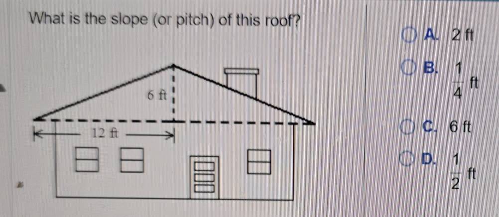 What is the slope (or pitch) of this roof?
A. 2 ft
B.  1/4 ft
C. 6 ft
D.  1/2 ft