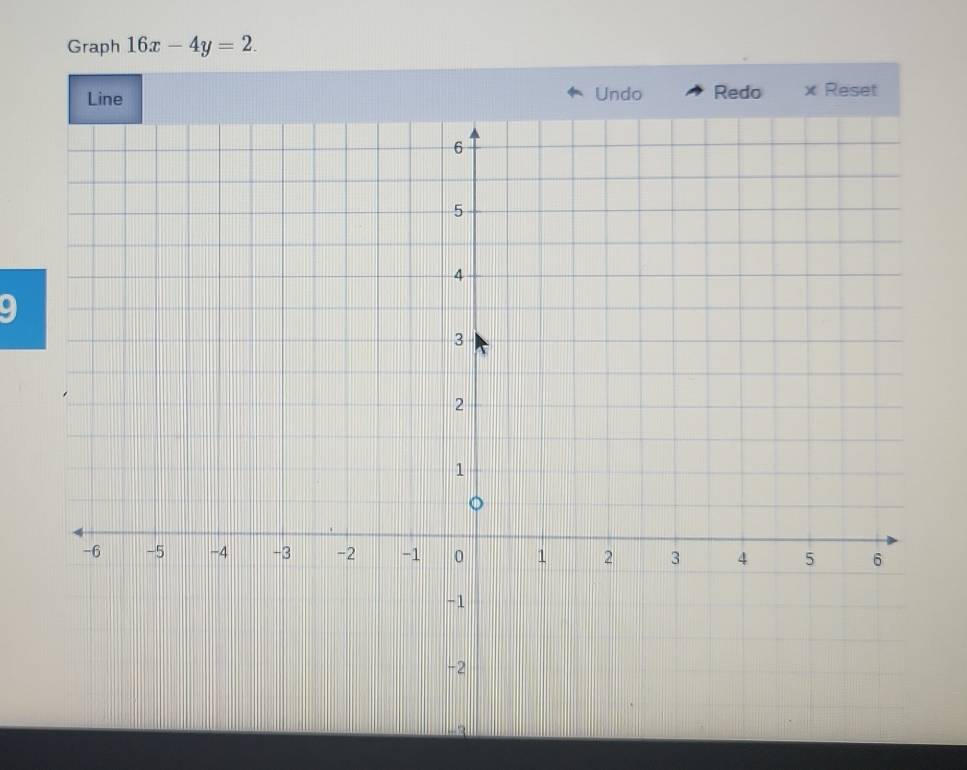 Graph 16x-4y=2. 
Line Undo Redo x Reset
9