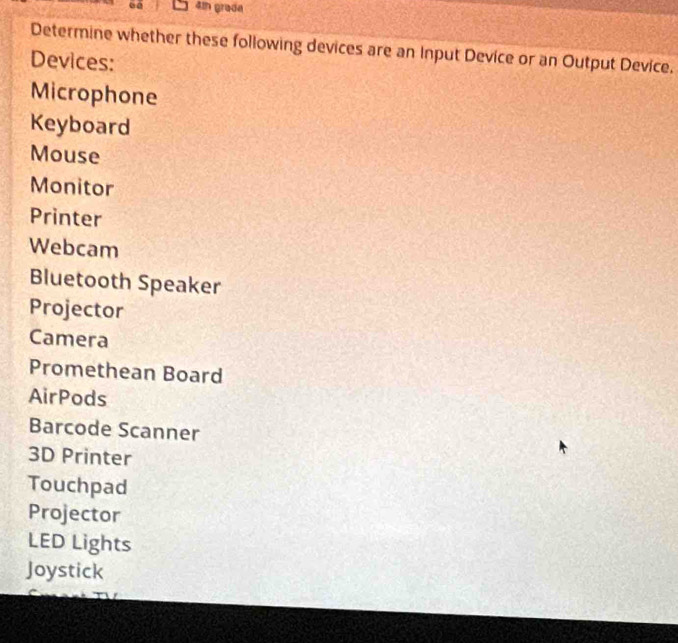 am grade 
Determine whether these following devices are an Input Device or an Output Device. 
Devices: 
Microphone 
Keyboard 
Mouse 
Monitor 
Printer 
Webcam 
Bluetooth Speaker 
Projector 
Camera 
Promethean Board 
AirPods 
Barcode Scanner
3D Printer 
Touchpad 
Projector 
LED Lights 
Joystick