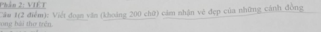 Phần 2: VIÉT 
Câu 1(2 điểm): Viết đoạn văn (khoảng 200 chữ) cảm nhận vẻ đẹp của những cánh đồng 
rong bài thơ trên.