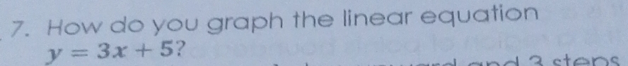 How do you graph the linear equation
y=3x+5 ? 
2 stens