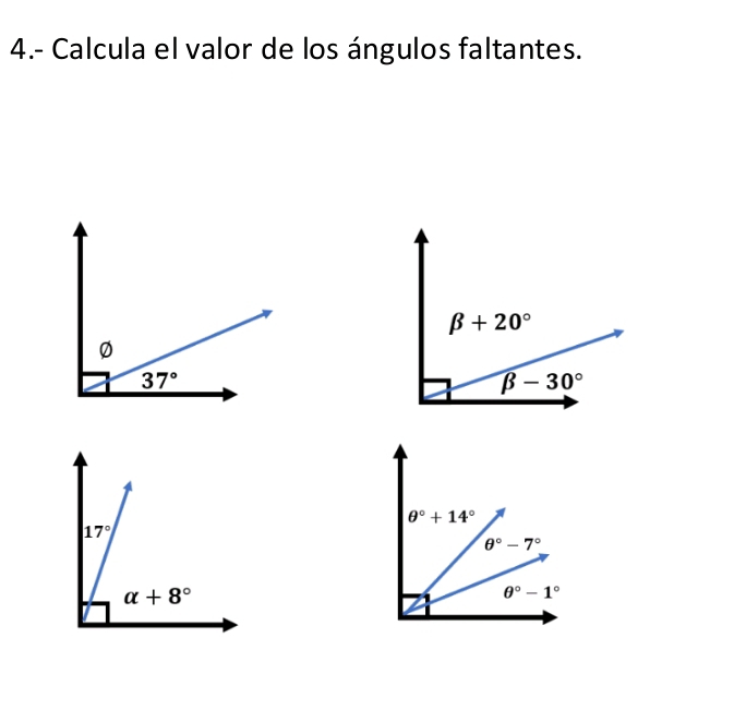 4.- Calcula el valor de los ángulos faltantes.