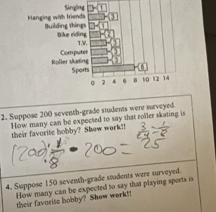 Hang
2. Suppose 200 seventh-grade students were surveyed.
How many can be expected to say that roller skating is
their favorite hobby? Show work!!
4. Suppose 150 seventh-grade students were surveyed.
How many can be expected to say that playing sports is
their favorite hobby? Show work!!