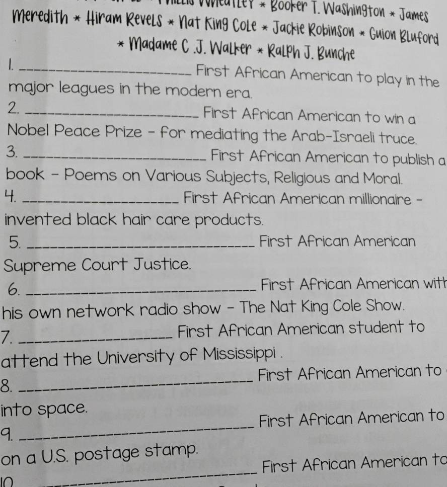 lld Wheatler × Booker T. Washington * James 
Meredith * Hiram Revels * Nat King Cole * Jackie Robinson * Guion Bluford 
* Madame C .J. Walker * Ralph J. Bunche 
_L 
First African American to play in the 
major leagues in the modern era. 
2._ 
First African American to win a 
Nobel Peace Prize - for mediating the Arab-Israeli truce. 
3._ 
First African American to publish a 
book - Poems on Various Subjects, Religious and Moral. 
4. _First African American millionaire - 
invented black hair care products. 
5. _First African American 
Supreme Court Justice. 
6._ 
First African American with 
his own network radio show - The Nat King Cole Show. 
7._ 
First African American student to 
attend the University of Mississippi . 
_ 
First African American to 
8. 
into space. 
_ 
First African American to 
9. 
_ 
on a U.S. postage stamp. 
First African American to 
10