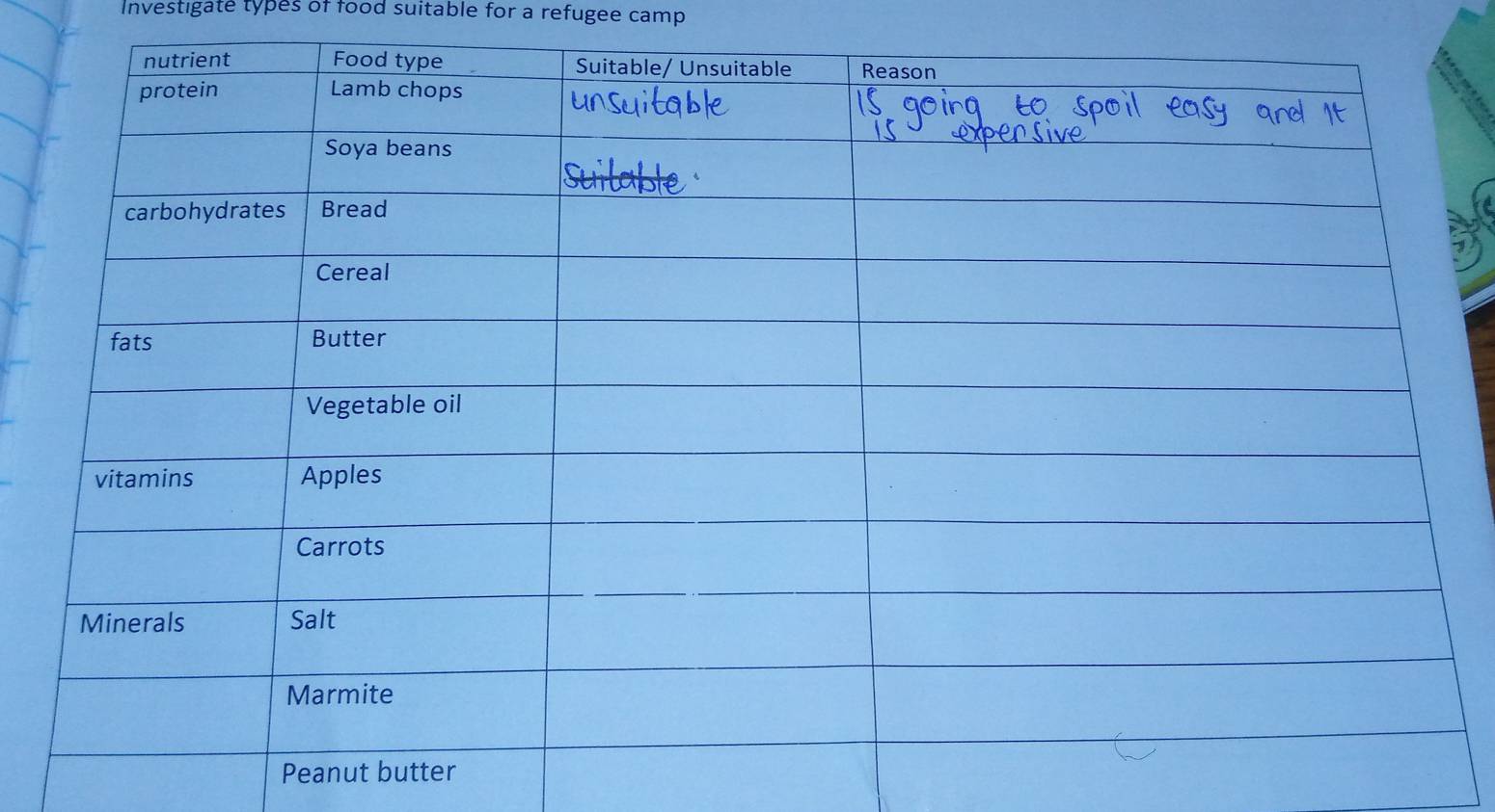 Investigate types of food suitable for a refugee camp 
Peanut butter