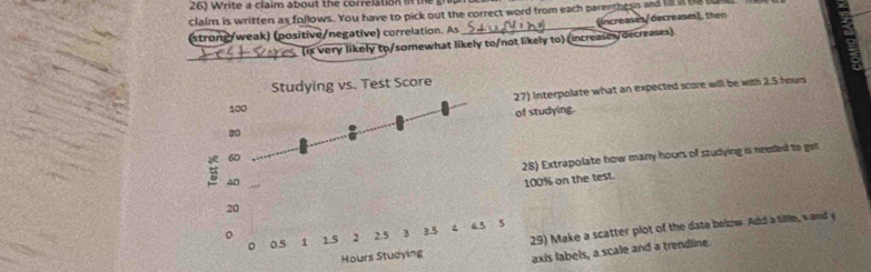 Write a claim about the correlation in the gre 
claim is written as follows. You have to pick out the correct word from each parershesn and isane sur 
(strong/weak) (positive/negative) correlation. As _(ncreases decreases), then 
_ 
(is very likely to/somewhat likely to/not likely to) (increases/decreases) 
Studying vs. Test Score 
27) Interpolate what an expected score will be with 2.5 houn
100
30 of studying. 
28) Extrapolate how many hours of studying is needed to get
60
40
20 100% on the test. 
。 0.5 1 1.5 2 2.5 3 3.5 4 4.5 5
Hours Studying 29) Make a scatter plot of the data bekow. Add a title, s and y
axis labels, a scale and a trendline.