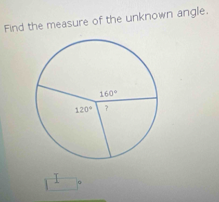 Find the measure of the unknown angle.
。