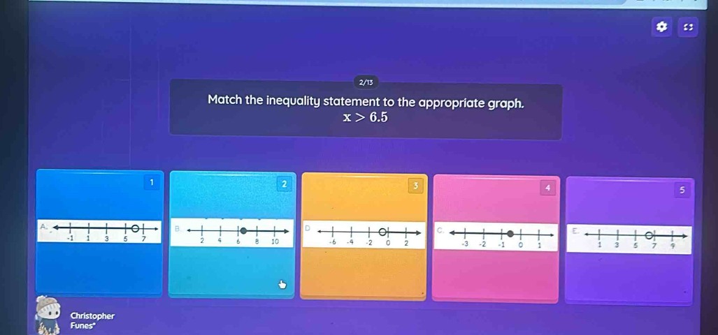 2/13
Match the inequality statement to the appropriate graph.
x>6.5
1
2
3
4
5
D
c.

Christopher
Funes*