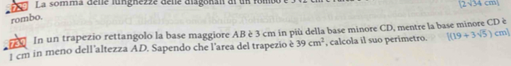 La somma delle lungnezze delle diagonal al un fom
[2sqrt(34cm)]
rombo. 
739 In un trapezio rettangolo la base maggiore AB è 3 cm in più della base minore CD, mentre la base minore CD è
1 cm in meno dell'altezza AD. Sapendo che l'area del trapezio è 39cm^2 , calcola il suo perimetro. [(19+3sqrt(5))cm]