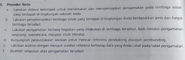 Prosedur Kerja 
a. Lakukan diskusi kelompok untuk menentukan dan mempersiapkan pengamatan pada lembaga sosial 
yang terdapat di lingkungan sekolah Anda. 
b. Lakukan pengelompokan lembaga sosial yang terdapat di lingkungan Anda berdasarkan jenis dan fungsi 
lembaga tersebut. 
c. Lakukan pengamatan tentang kegiatan yang dilakukan di lembaga tersebut, baik melalui pengamatan 
langsung, wawancara, maupun studi literatur. 
d. Kunjungilah perpustakaan sekolah untuk mencari referensi pendukung ataupun pembanding. 
e. Lakukan analisis dengan merujuk sumber referensi terhadap data yang Anda catat pada tabel pengamatan. 
f. Buatlah simpulan atas pengamatan tersebut.