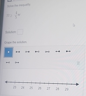Solve the inequality.
22≥  4/5 w
Solution: □ 
Grape the solution. 
.