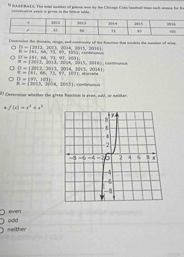 BASEBALL The total number of games won by the Chicago Cubs baseball team each season for fv
consecutive years is given in the below table.
Determine the domain, range, and continuity of the function that models the number of wins.
D= 2012,2013,2014,2015,2016
R=(61,66,73,97,103); continuous
D= 61,66,73,97,103;
R=(2012,2013,2014,2015,2016); continuous
D=(2012,2013,2014,2015,2016);
R=(61,66,73,97,103); discrete
D=(97,103);
R=(2013,2014,2015);continuous
2) Determine whether the given function is even, odd, or nelther.
a. f(x)=x^3+x^2
even
odd
neither