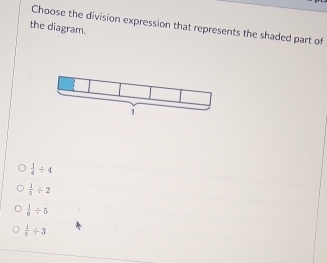 Choose the division expression that represents the shaded part of
the diagram.
 1/4 / 4
 1/5 / 2
 1/6 / 5
 1/5 / 3