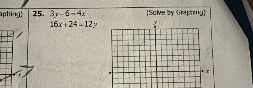 aphing) 25. 3y-6=4x (Solve by Graphing)
16x+24=12y