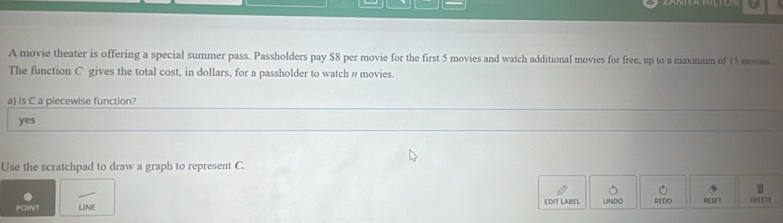 A movie theater is offering a special summer pass. Passholders pay $8 per movie for the first 5 movies and watch additional movies for free, up to a maximum of 15 maim
The function C gives the total cost, in dollars, for a passholder to watch / movies.
a) Is C a piecewise function?
yes
Use the scratchpad to draw a graph to represent C.
paint LINE EDIT LABEL UNDO REDO RE SE T DEL7)