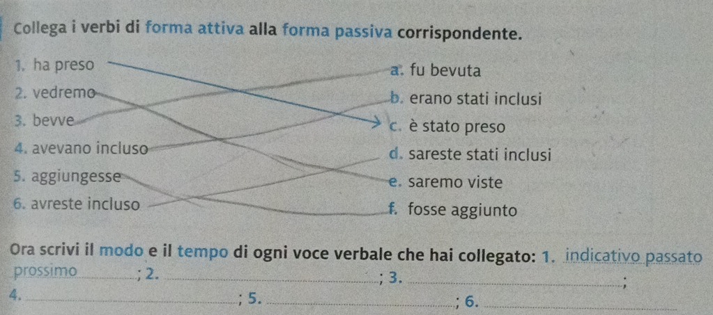 Collega i verbi di forma attiva alla forma passiva corrispondente.
1. ha preso a. fu bevuta
2. vedremo b. erano stati inclusi
3. bevve c. è stato preso
4. avevano incluso d sareste stati inclusi
5. aggiungesse e saremo viste
6. avreste incluso f. fosse aggiunto
Ora scrivi il modo e il tempo di ogni voce verbale che hai collegato: 1. indicativo passato
prossimo_ ; 2. _; 3. _;
4._ ; 5._
; 6._