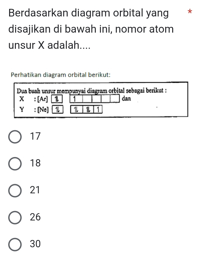 Berdasarkan diagram orbital yang *
disajikan di bawah ini, nomor atom
unsur X adalah....
Perhatikan diagram orbital berikut:
17
18
21
26
30