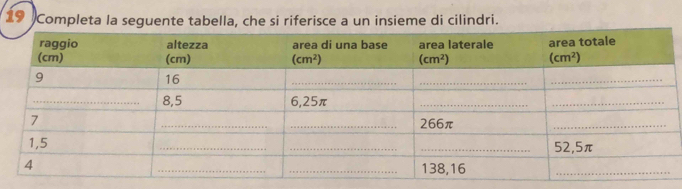 19 )Completa la seguente tabella, che si riferisce a un insieme di cilindri.