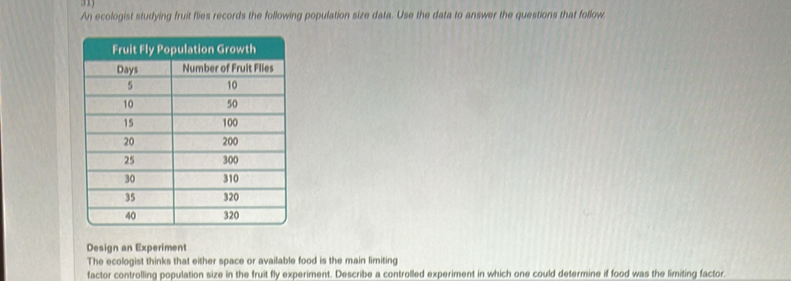 3 1 
An ecologist studying fruit flies records the following population size data. Use the data to answer the questions that follow, 
Design an Experiment 
The ecologist thinks that either space or available food is the main limiting 
factor controlling population size in the fruit fly experiment. Describe a controlled experiment in which one could determine if food was the limiting factor.