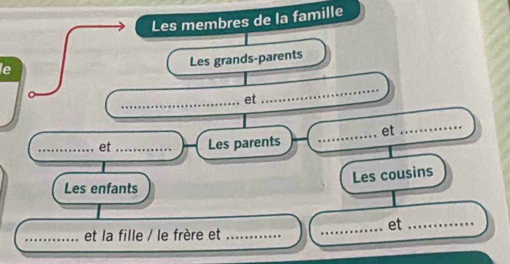 Les membres de la famille 
le 
Les grands-parents 
_et 
_ 
_et 
_ 
_et _Les parents 
Les cousins 
Les enfants 
_et_ 
_et la fille / le frère et_