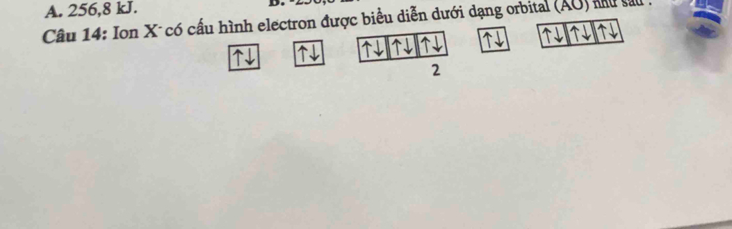 A. 256, 8 kJ.
Câu 14: Ion X có cấu hình electron được biểu diễn dưới dạng orbital (AO) nu sau
↑↓
2